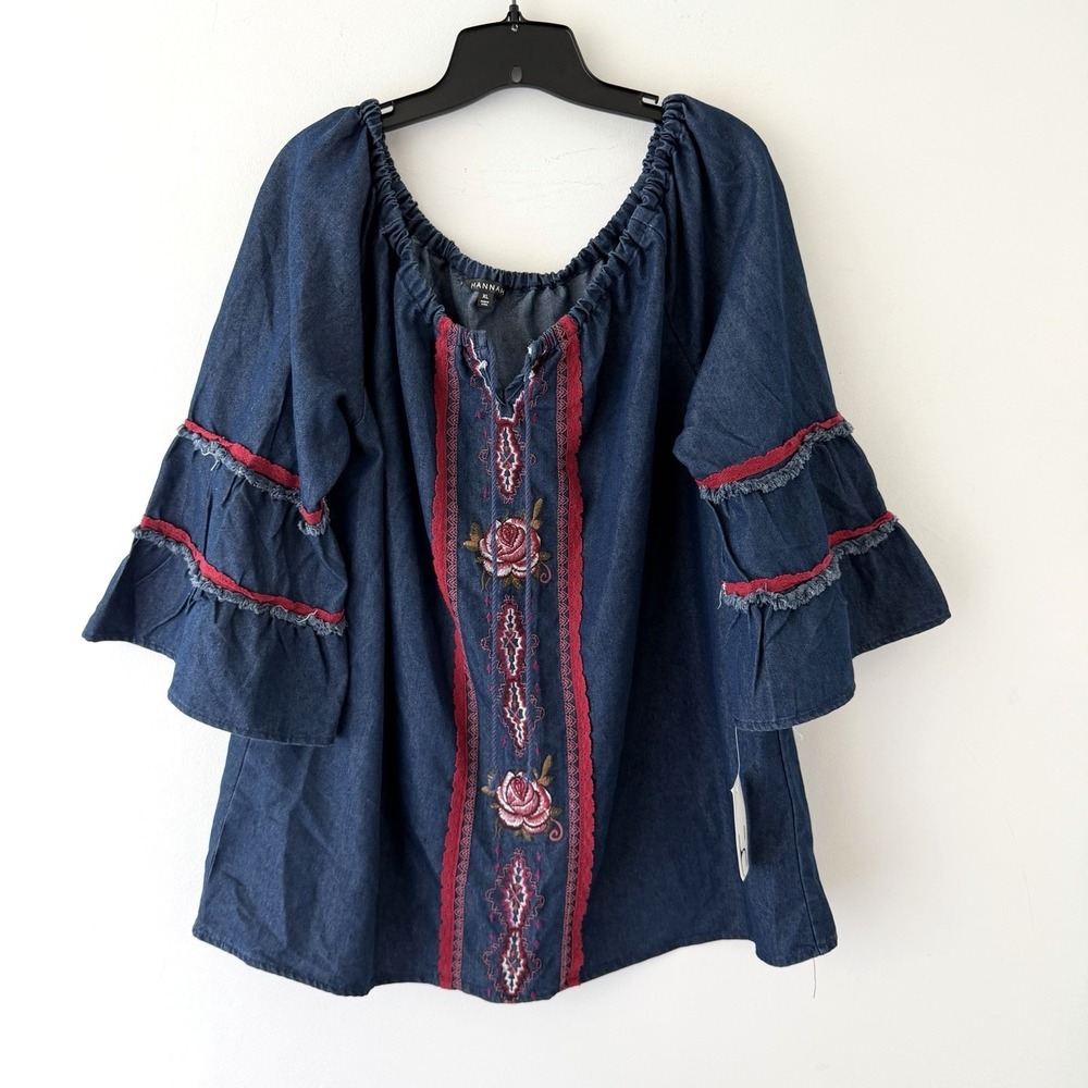 NWT Hannah Denim Embroidered Peasant Top XL Boho Bell Sleeve Blouse